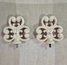 2 White Enamel Distressed Painted Metal Architectural Scroll Finials 3"