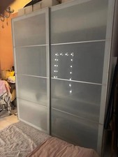 IKEA White Sliding Door Wardrobe Glass Doors Shelves Rail 2 Drawers 198cm