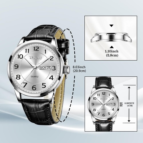 Montre à quartz étanche pour homme avec grand cadran avec jour et date, Cuir ... - Zdjęcie 5 z 6