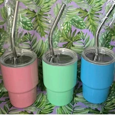 X3 Mini Shot Stainless Glass Tumblers 2 OZ Each & Straws. Pink, Green, Blue. New
