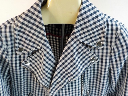 J CREW  Check Moto Style Jacket Asymmetrical Zip Blue/Ivory Cotton Blend SZ 4 - Picture 2 of 8