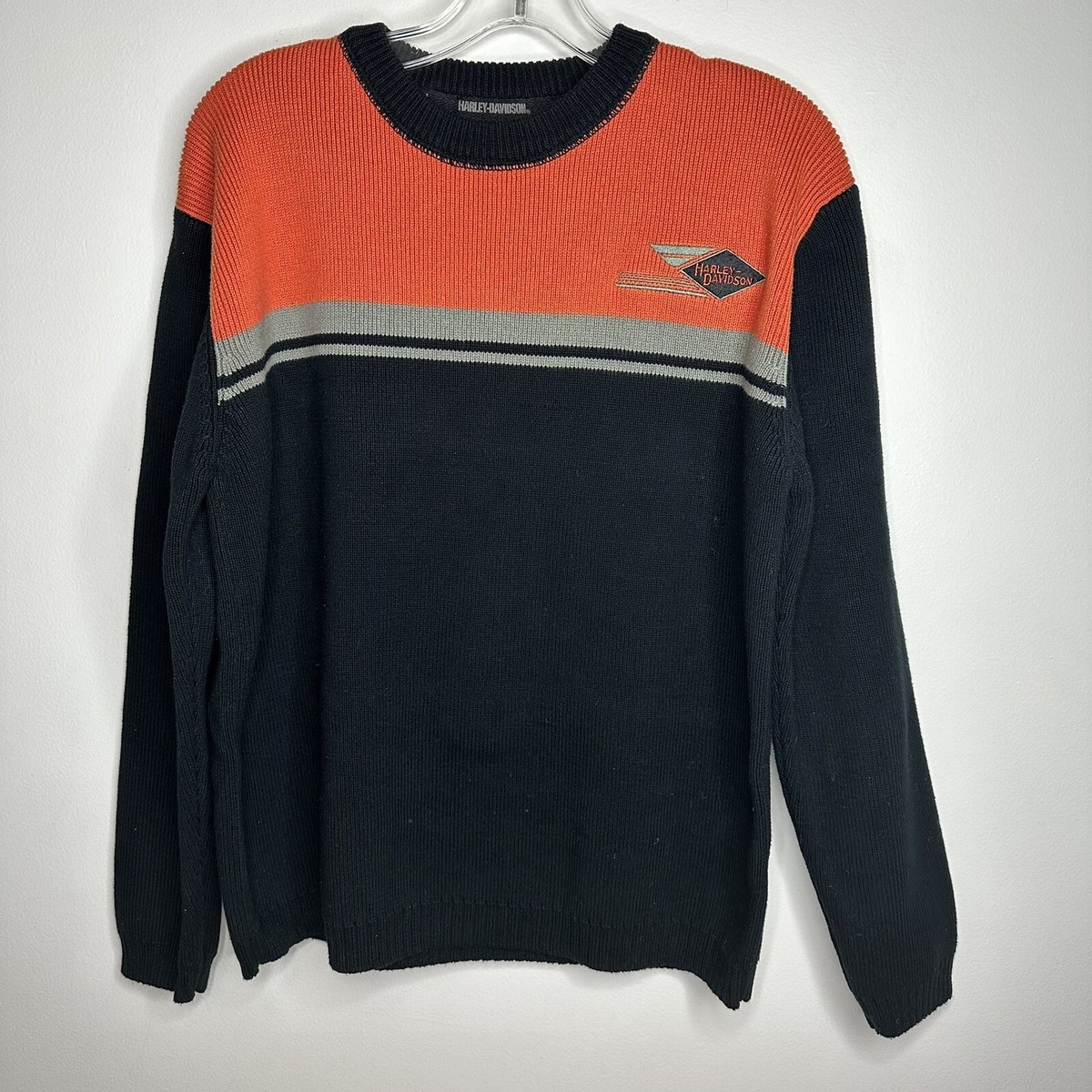 Harley Davidson Long Sleeve Sweater Mens Size Med Black Orange Cotton Shirt
