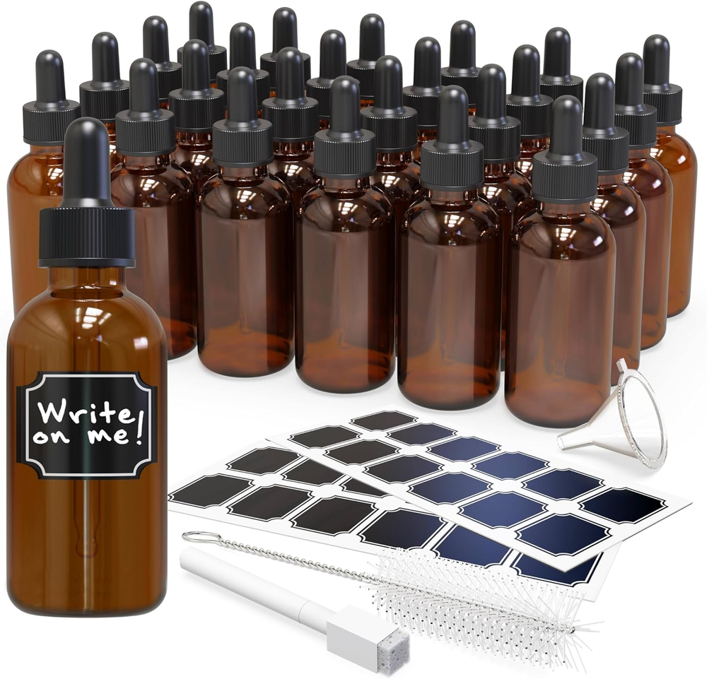 Nevlers 24PK 2 Oz Amber Glass Dropper Bottle |Leakproof Bottle with Dropper Set|