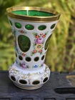 Vintage Bohemian Czech Porcelain Floral Milk White/ Green Glass Vase Gold Trim