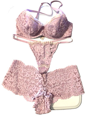 Victorias Secret Lilac Lace 3 PCS Set 34C Bra Thong and Cheeky Panty Size Large
