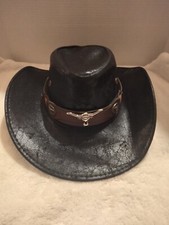 Black Faux Leather Southwestern Cowboy Hat Brown Cattleman's Band Men Size Large