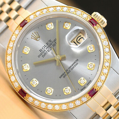 ROLEX MENS DATEJUST GRAY DIAMOND RUBY 18K YELLOW GOLD STAINLESS - Main Image