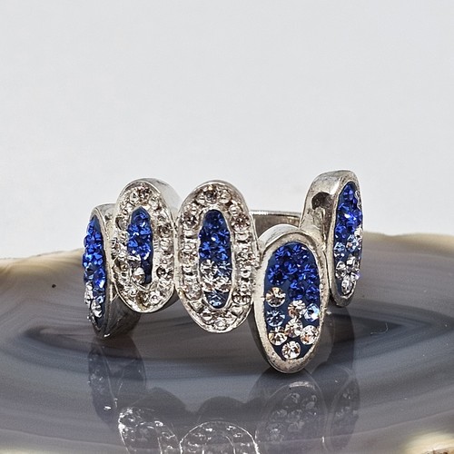 925 Sterling Silver Blue & White Crystal Pave Cocktail Ring Size 7