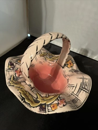 Vintage Hull USA Ceramic Basket, Pink, T8, 1955, 9" diameter, Perfect! (1894)