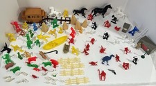 VTG 100 Pc Toy Figure Mixed Lot MPC TIM-MEE Cowboys Indians Knights Farm Animal