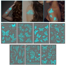 7 Sheets Glow in The Dark Temporary Tattoos, Blue Luminous Flower Butterfly T...