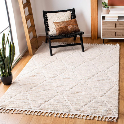 Marrakesh 6'6'' x 9' Area Rug - Beige Moroccan Boho Design, Easy Care
