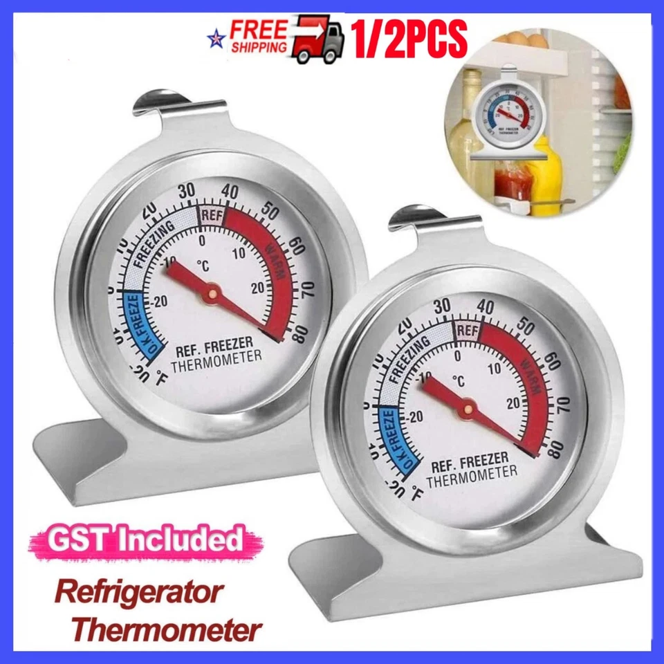 1/2PCS Stainless Steel Dial Fridge/Freezer Thermometer Stands & Hangs Waterproof - Image 1 of 4