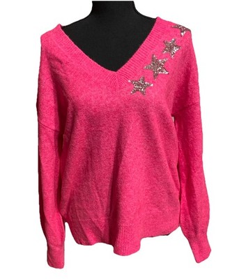 NWT LOFT Wool blend V Neck Front & Back Sequin Star Sweater Women Size   Medium 
