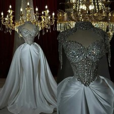 Mermaid Wedding Dresses Crystal Beaded High Neck Short Sleeve Satin Bridal Gowns