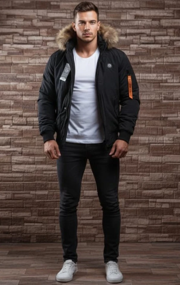 Giubbotto Bomber Uomo Invernale con Cappuccio Pelliccia Sintetica Nero Elegante - Imagen 3 de 4