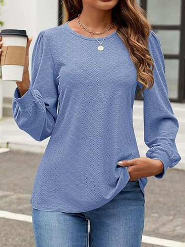 Women's Top- Eyelet Round Neck Long Sleeve Top - Picture 13 of 31