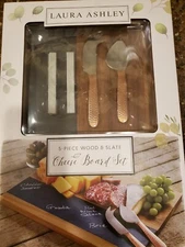 New Laura Ashley 5-Piece Acacia Wood & Slate Cheese Board set 