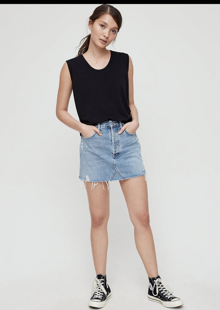 Agolde Jeans Denim Quinn High Rise Mini Skirt Light Distressed Raw