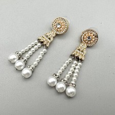 Earrings Classy Elegant White Faux Pearl Rhinestone Beaded Dangles 2.25 Inch