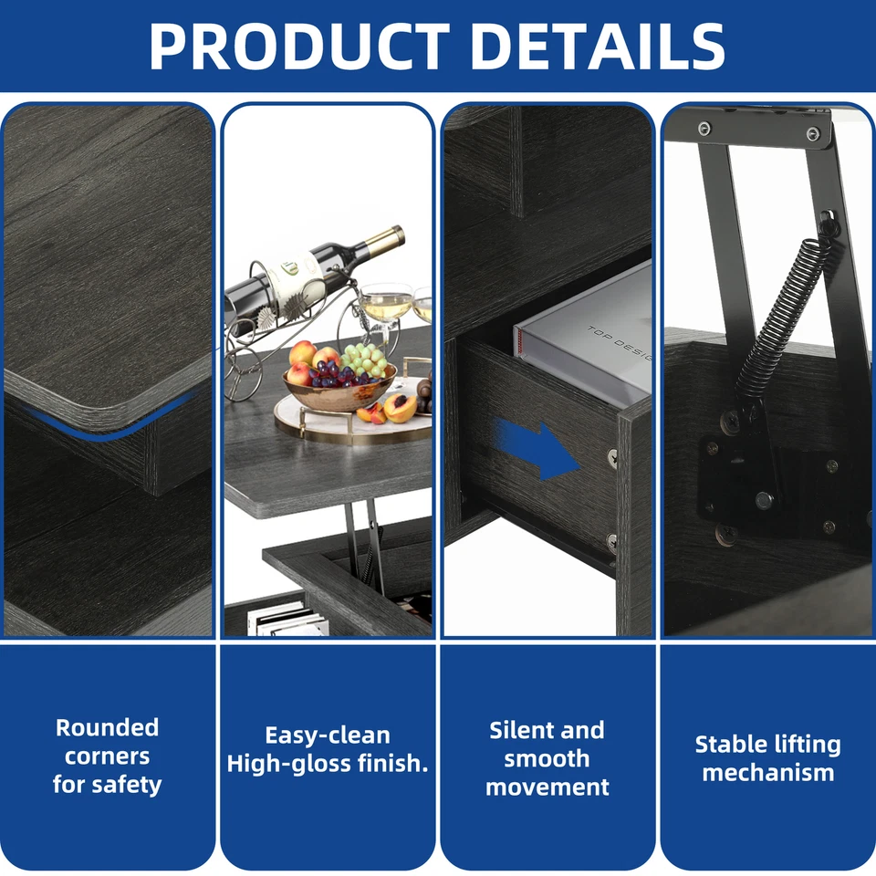 Mesa de Centro Elevable Moderna Gris con Luces LED para Salón Mesa de Cóctel Foto 4 de 4