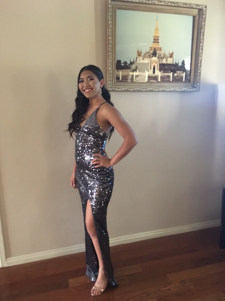 David's bridal Grey Sparkling long prom dress with slit | eBay David's bridal Grey Sparkling long prom dress with slit | eBay