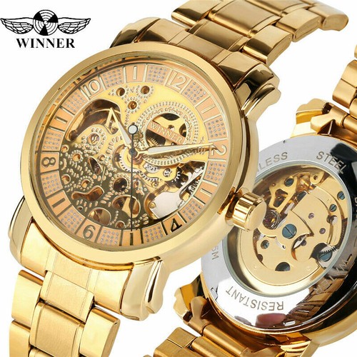 Winner COMPLETA GOLDEN scheletro in acciaio inox Orologio da polso  meccanico automatico | eBay