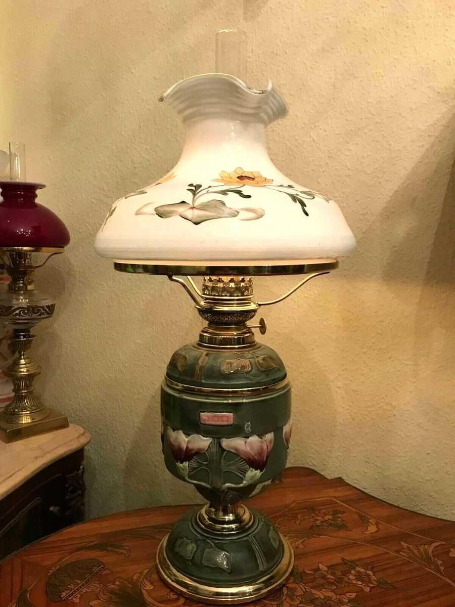 RARE Antique Art Nouveau Majolica Kerosene Oil Lamp
