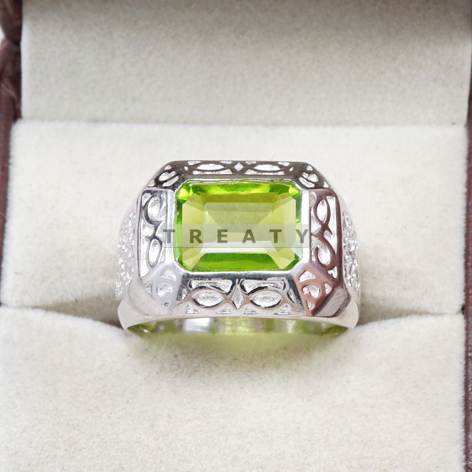 Peridot Emerald Cut Gemstone With 925 Sterling Silver Ring For Men's #B766 *