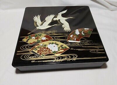 Buy Vintage Japanese Black Lacquer Hand Painted Servicing Tray Set Mint Condition