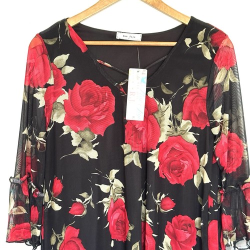 Rue Juju Woman’s Shirt Large Black Floral 3/4 Sleeve Lightweight Blouse Top NWT - Picture 3 of 9