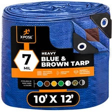 Xpose Safety 10’ x 12’ Heavy Blue/Brown Tarp - Waterproof Tarp - 7 Mil