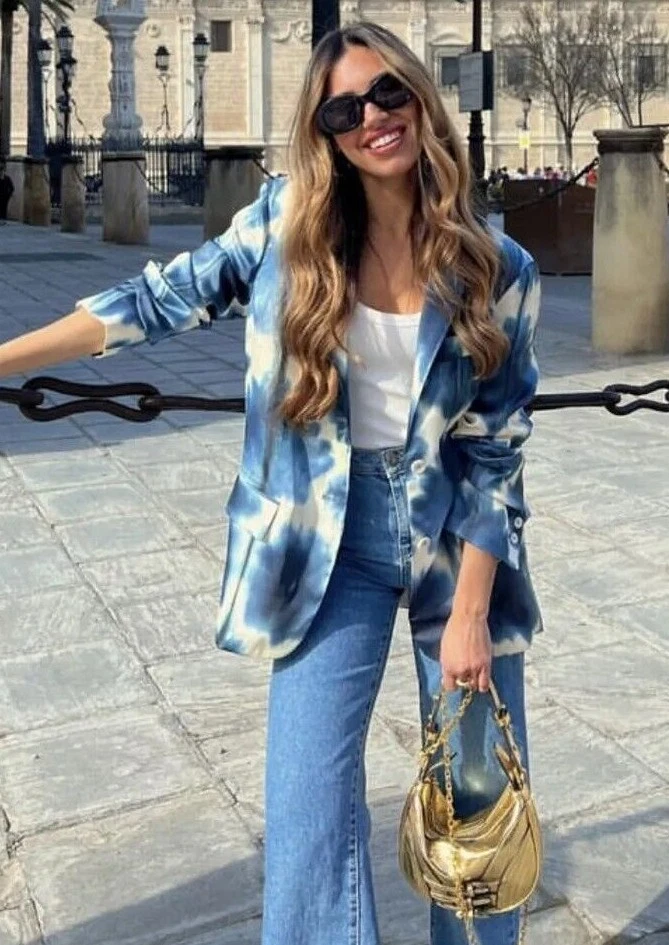 Zara Printed Satin Blazer Blue Cream Off White Size XS S M XXL 2669/066 New