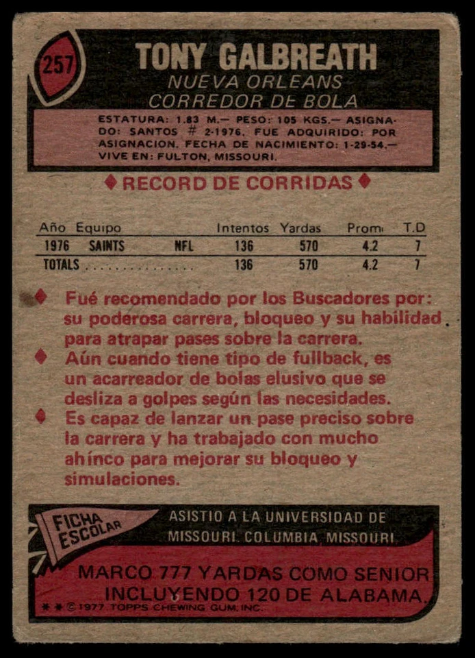 1977 Topps Mexican #257 Tony Galbreath - Image 2 of 2