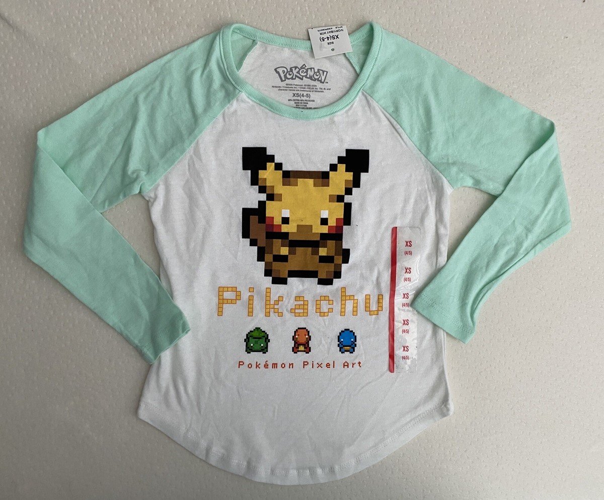Pokémon Girls T Shirt Sz XS 4-5 Pikachu Pixel Art Long Sleeve