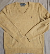 Polo Ralph Lauren Mens Sweater 100 Lambswool Knit V-Neck Tan Medium