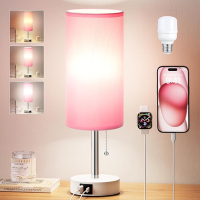 Pink Bedside Table Lamp for Bedroom, Small Nightstand Lamp for Girls Kids, 3 Col