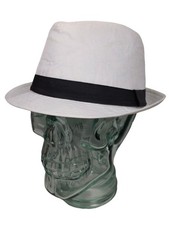 Unisex White Fedora Hat Black Ribbon Short Brim Sun Cap Summer Beach One Size