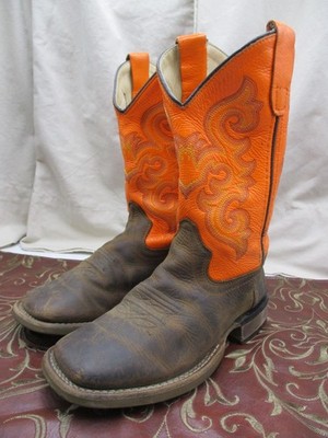 Old West Boots Boys Size 13.5 D Brown Orange Western Cowboy Square Toe BSC1867