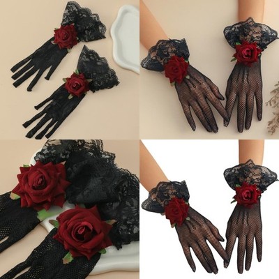 Black Short Lace Gloves for Womens Elegant Lace Fishnet Wrist Length Gloves