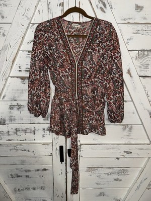 Max Studio Women s Size Large Red Blue Floral Wrap Blouse Top V-Neck Tie Waist