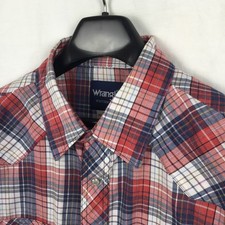 Wrangler Mens Western Shirt 2X Big Red Blue Plaid Pearl Snap Utility Cowboy