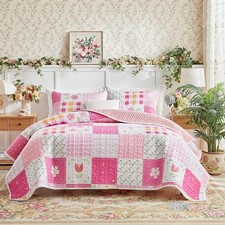 Patchwork Quilt Set Twin Size 2 Pieces White Pink Floral Plaid Reversible Ame...