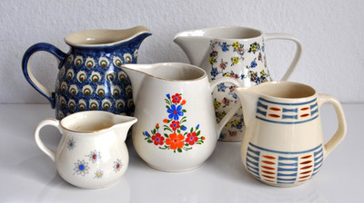 Keramik Kannen Milchkannen Bunzlauer Waku Geblümt Pfauenauge Vintage Konvolut