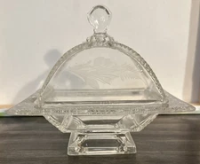 Antique Riverside Victorian Era Etched Elegant Glass Covered Butter Damaged