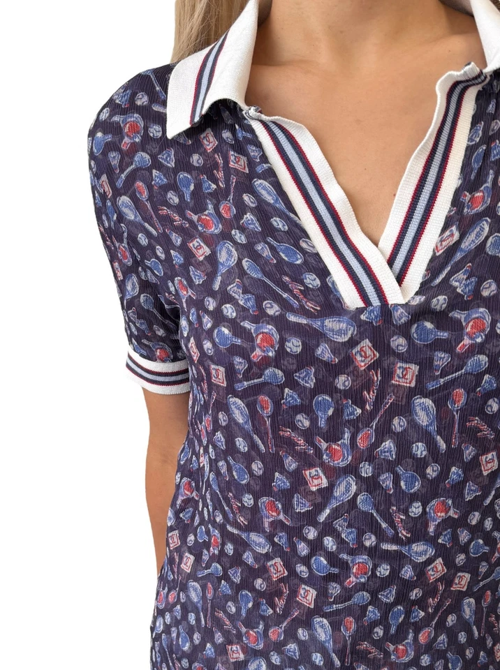Camiseta Polo CHANEL Sport Vintage 06P #34 Azul Blanco Seda Cuello en V Tenis Foto 3 de 4