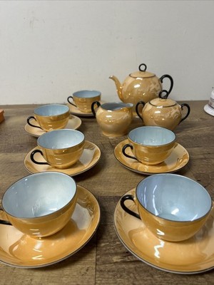 Art Deco VICTORIA porcelain lusterware tea set Czecho-Slovakia PEACH c.1930s