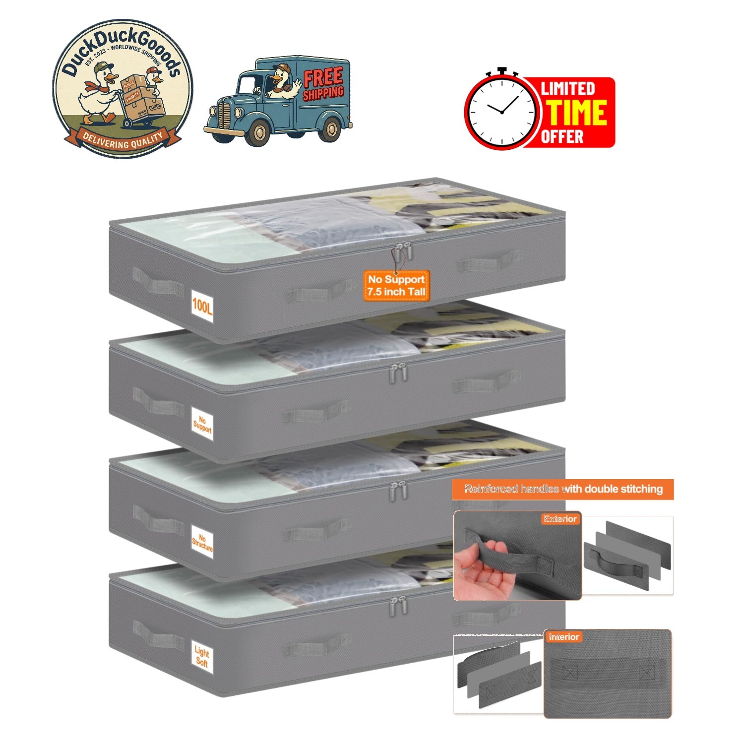 Under Bed Storage Bags - 4 Pack, Large Foldable, Water-Resistant, Gray 20x40-image