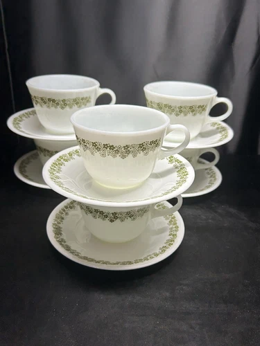 Pyrex Green Crazy Daisy Spring Blossom Coffee Tea Cup Mugs Corelle Saucers-Set 6