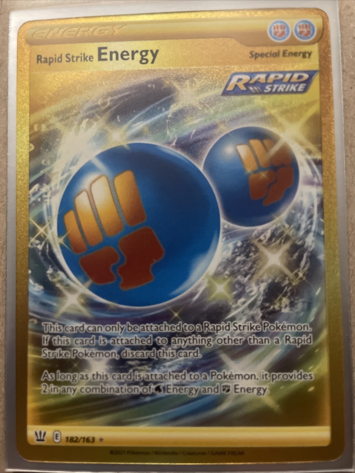 Rapid Strike Energy 182/163 Gold Secret Rare 2021 Pokemon Card Battle Styles NM